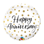 Round white balloon with gold polka dots and "Happy Anniversary" text