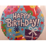 Colorful "Happy Birthday!" balloon with stars and gift graphics