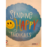 Blue smiley-face balloon with the words Sending Happy Thoughts