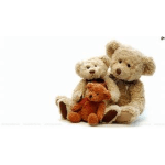 Two teddy bears sitting together with a smaller teddy bear in front