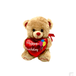 Teddy bear holding a red heart-shaped birthday pillow