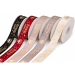 Spools of birthday ribbon in black, red, pink, lavender, and cream