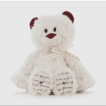 White teddy bear with burgundy accents and a ribbon bow