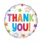 Round foil balloon with colorful "THANK YOU!" text and stars