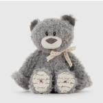 Gray plush teddy bear with a ribbon bow