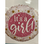 Pink foil balloon with the words "it's a girl" and star accents