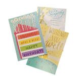 Three colorful greeting cards with birthday and sympathy messages