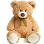 Large tan teddy bear with a ribbon bow