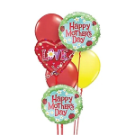 Mother's Day balloons with a red heart balloon and yellow and red round balloons