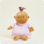 Plush baby doll in a pink polka-dot outfit