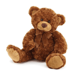 Brown teddy bear with a ribbon bow sitting on a white background
