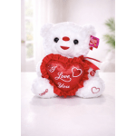 White teddy bear holding a red heart pillow with "I Love You" text