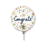 Round white congratulatory balloon with colorful confetti dots