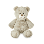 Plush teddy bear with beige fur sitting on a white background