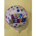 Round birthday balloon with colorful polka dots and "HAPPY BIRTHDAY!" text
