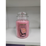 Pink Yankee Candle jar labeled Fresh Cut Roses