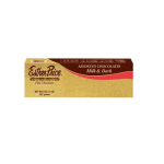 Rectangular gold and brown box of assorted milk and dark chocolates on a white background