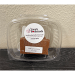 Plastic clamshell container holding milk chocolate fudge