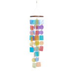 Colorful hanging mobile with translucent geometric pieces