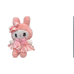 Pink plush bunny doll with a striped bow and dress