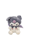 Plush gray-and-white character toy with purple accents