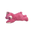 Pink plush teddy bear lying down on a white background