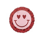 Heart-eyes smiley face on a red circular decoration