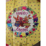 Yellow Easter balloon with bunnies, eggs, and flowers