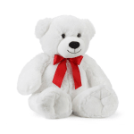 White teddy bear with a red ribbon bow