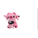 Pink plush character holding a small gift bag with a ribbon.