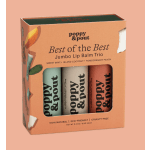 Boxed trio of lip balms in peach packaging