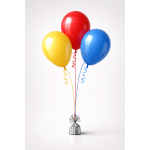 Three colorful balloons tied to a silver weight