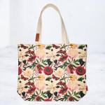 Floral-print canvas tote bag with beige handles