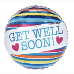 Round foil balloon with "GET WELL SOON!" text and pink hearts