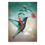 Illustration of a hummingbird carrying a woman and touching a pink flower