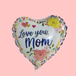 Heart-shaped balloon reading "Love you, Mom" with floral accents