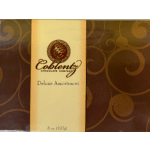 Box of Cabot's Deluxe Assortment chocolates on a patterned background