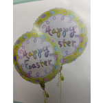 Two green Easter balloons with pastel polka dots and "Happy Easter" text