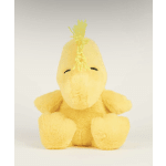 Yellow plush chick toy sitting upright on a plain background