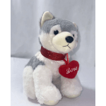 Plush husky toy with a red heart tag
