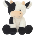 Black and white plush cow stuffed animal sitting upright
