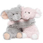 Two plush elephant toys, one gray and one pink, sitting together