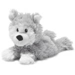 Gray and white plush teddy bear lying down