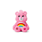 Pink teddy bear plush with a rainbow on its belly