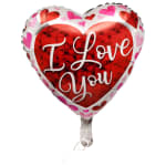 Heart-shaped balloon with red and pink hearts and the words I Love You