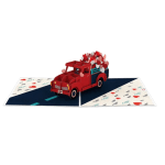 Pop-up card with a red truck carrying heart shapes