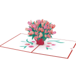 Pop-up bouquet of pink and peach tulips in a red vase