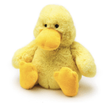 Yellow plush duck toy sitting on a white background