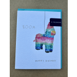 Birthday card with a colorful piñata llama and the word BOOM