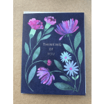 Floral greeting card with purple and blue flowers and the words "Thinking of You"
